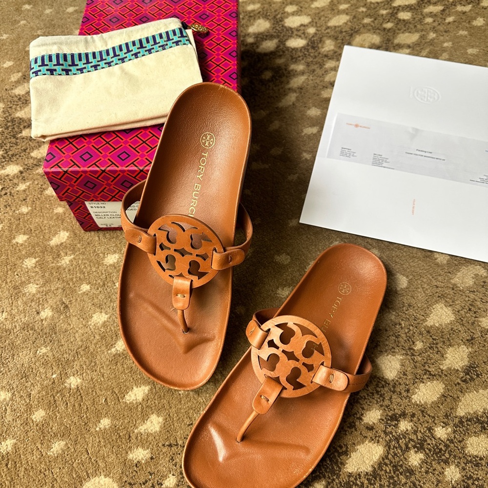Tory Burch Tan Leather Logo Thong Sandals